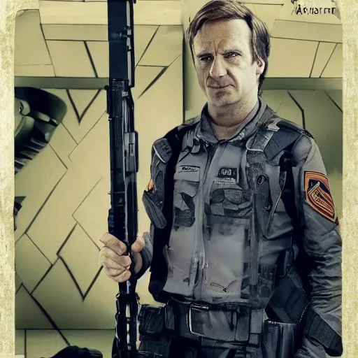 Image similar to Saul Goodman wearing heavy modern military gear and (holding a machine gun), highly detailed, 4k