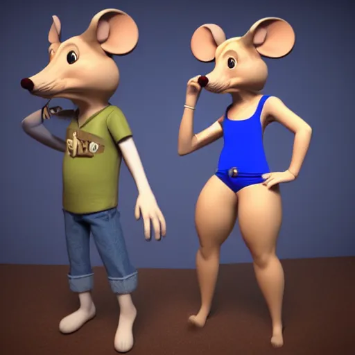 Image similar to 3 d render, portrait, upper body shot, mid shot, anthropomorphic mouse, female, blond furr, blue eyes, wearing denim short shorts and a off yellow tank top shirt, solo, in the style of the great mouse detective