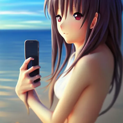 Image similar to beautiful serene intricate very detailed portrait of a realistic anime girl taking a selfie, smiling softly, wearing casual clothes, relaxing on the beach, golden hour, soft focus, 8 k, art by irakli nadar, hyperrealism, hyperdetailed, ultra realistic