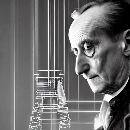 Image similar to close-up portrait of Marcel Duchamp working on a futuristic machine, long exposure, minimal composition, packshot, archival pigment print