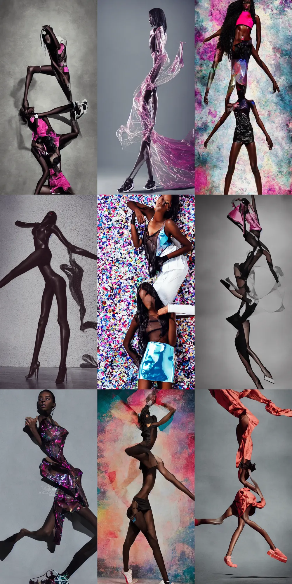 Prompt: fashion photoshoot, vogue cover photo of a dark skinned slender model standing with extremely stylish sneakers an clothing, see - through transparent clothing, vinyl material, colorful details, seen from below, dynamic posing, 4 k, concept art,