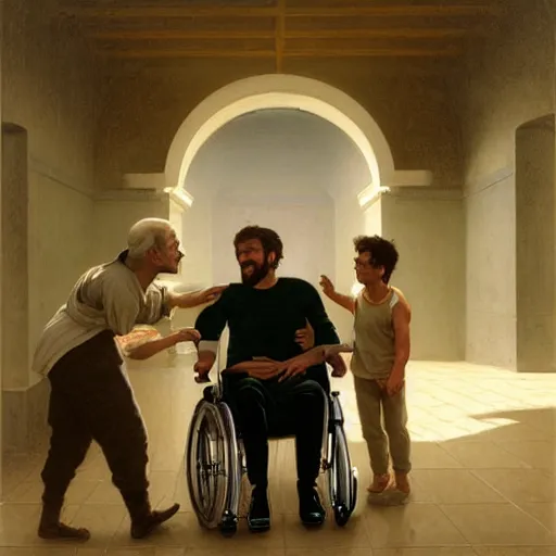 Image similar to a male patient in a wheelchair in the hospital with his wife and son standing by. happy, cheerful, smiling, intricate, face enhance, cinematic lighting, featured in artistation, 8 k, art by greg rutkowski, william adolphe bouguereau