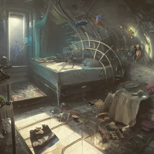 Image similar to detailed room in the sewer lair The room is a clutter if clothes and a bunkbed with space posters everywhere,soft,light,bright,epic,awesome,digital art, by Simon beak and Greg rutkowski