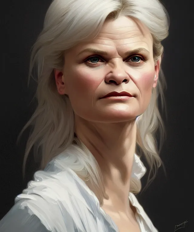 Prompt: portrait of a young martha plimpton, his white hair in wild, intricate, headshot, highly detailed, digital painting, artstation, concept art, sharp focus, cinematic lighting, illustration, art by artgerm and greg rutkowski, alphonse mucha, cgsociety