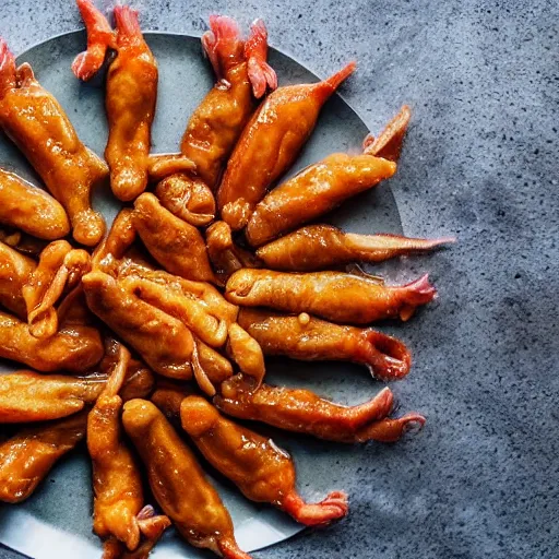 Prompt: high resolution photo of chicken feet, michelin star, very tasty, food photography, instagram, trending