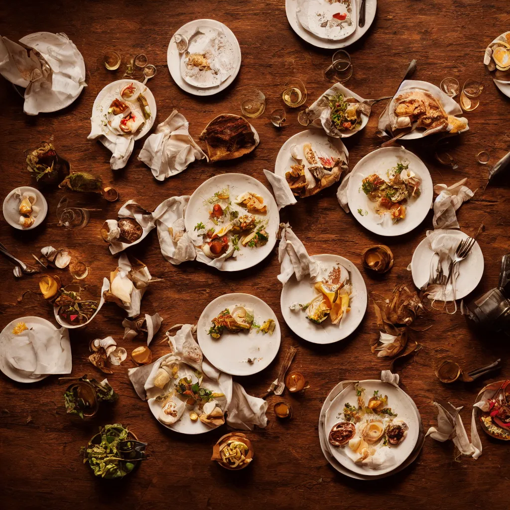 Image similar to afine dining dinner on a table, dynamic lighting, bokeh, carl zeiss 8 5 mm vintage lens, hyper realistic, award winning food photography