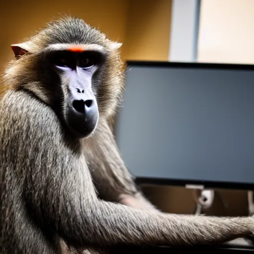 Prompt: a baboon programming, in the office