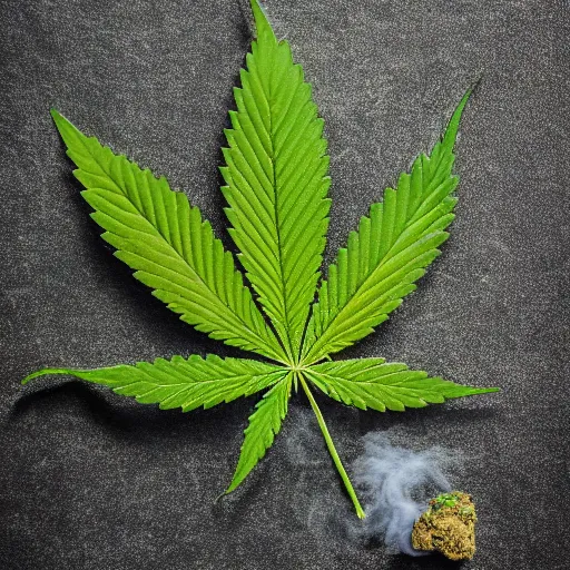 Prompt: a cannabis leaf surrounded by smoke product photography 120mm