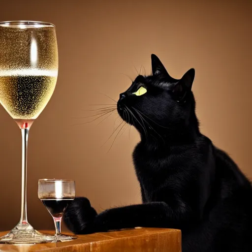 Image similar to a portrait of a black cat drinking expensive champagne in a fancy dark bar