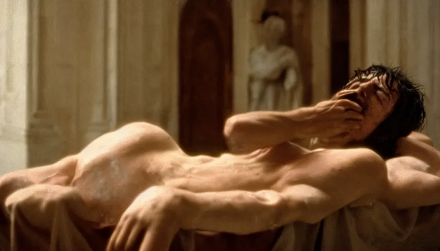 Image similar to movie still of jean - paul marat a wound at the chest, bleeding in the bath, cinestill 8 0 0 t 3 5 mm, high quality, heavy grain, high detail, cinematic composition, dramatic light, anamorphic, ultra wide lens, hyperrealistic, by pasolini