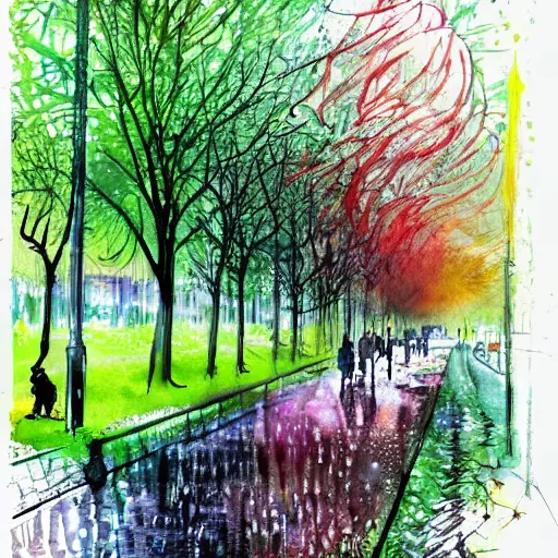 Prompt: a beautiful green park in the middle of a modern olf town city by banksy, carne griffiths and monet. Street photography. Watercolor finishing. rainy day.