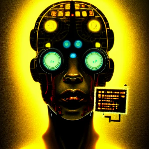 Image similar to dark scifi illustration 3 / 4 portrait of a cyborg reading necronomicon. cinematic lighting mad scientist style. golden ratio accidental renaissance. in the style of jean michel basquiat. graffiti art, scifi, fantasy, hyper detailed. octane render. concept art. trending on artstation