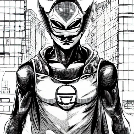 Image similar to Manga illustration of masked super hero, full body and head portrait by Tetsuo Hara. Depth of field, zoom out 35mm camera, awesome cityscape in the background, highly detailed concept art, detailed pencil art by Kengo Hanazawa