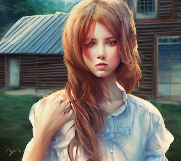 Image similar to a beautiful girl In front of the cabin, the country, by Artgerm Lau，hyperdetailed, trending on artstation, trending on deviantart