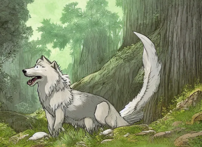 Prompt: a majestic great wolf with wings in a mythical forest next to a pathway, by ghibli studio and miyasaki, illustration, great composition