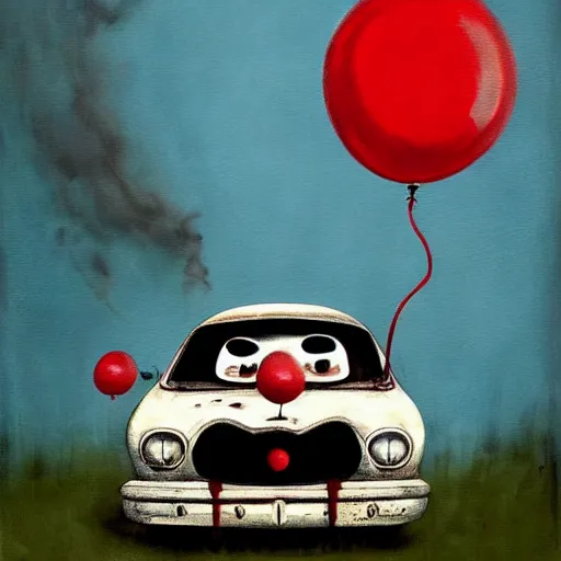 Prompt: grunge painting of a car with a wide smile and a red balloon by chris leib, loony toons style, pennywise style, corpse bride style, horror theme, detailed, elegant, intricate