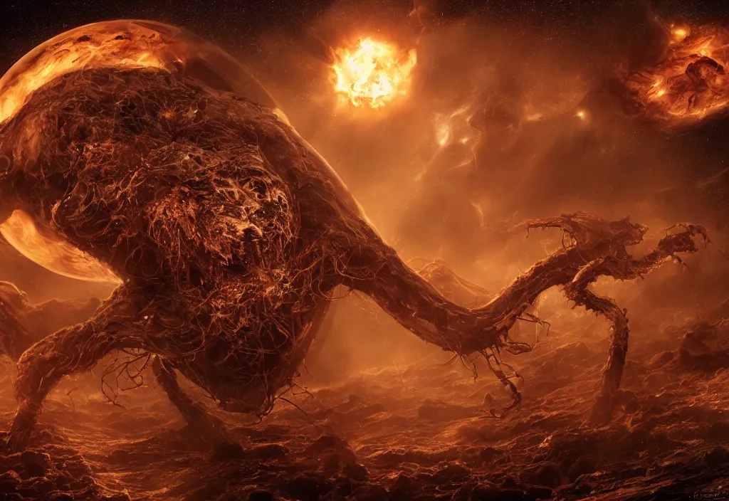 Image similar to eldritch horror bloody garfield in space, hd, 8 k, giant, epic, realistic photo, unreal engine, stars, prophecy, powerful, cinematic lighting, destroyed planet, debris, violent, sinister, ray tracing, dynamic, epic composition, dark, horrific, teeth, grotesque, monochrome drawing, hellscape, death, corpses, foreboding