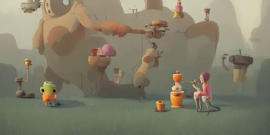 Image similar to cute monsters drinking tea by Goro Fujita and Simon Stalenhag , 8k, trending on artstation, hyper detailed, cinematic