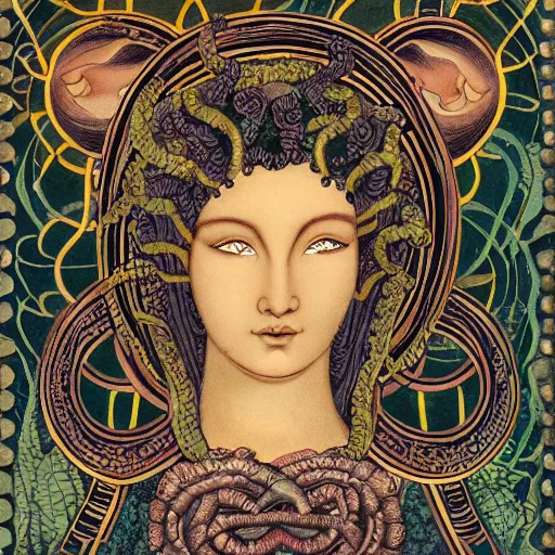 Image similar to detailed, portrait of medusa, surrounded by lotus flowers and geometry