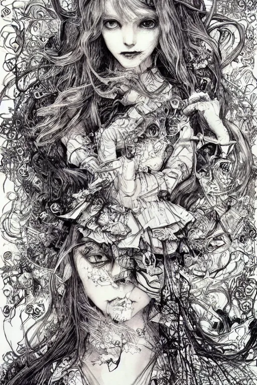 Image similar to We're all mad here Alice, Alice in wonderland, twisted, insanity, pen and ink, intricate line drawings, by Yoshitaka Amano, Ruan Jia, Kentaro Miura, Artgerm, watercolor