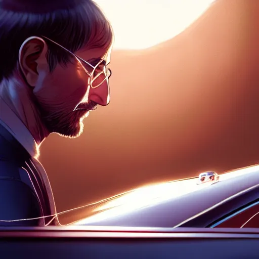 Image similar to detailed intricate digital illustration by greg rutkowski and artgerm and wlop and sanford robinson gifford ; steve jobs driving mercedes sl ; 1 3 mm film, arri alfa anamorphic lens ; sharp focus ; golden hour, trending on artstation 8 k