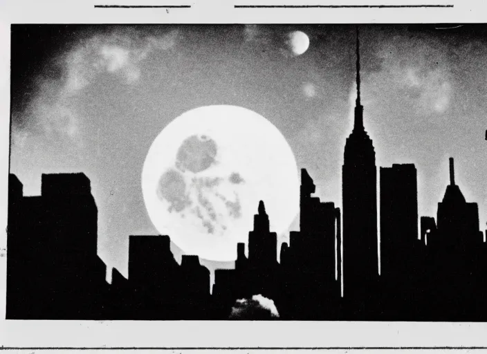 Image similar to vintage photo still of the moon exploding over new york city in the 1 9 2 0 s, black and white, weathered, edge vignette