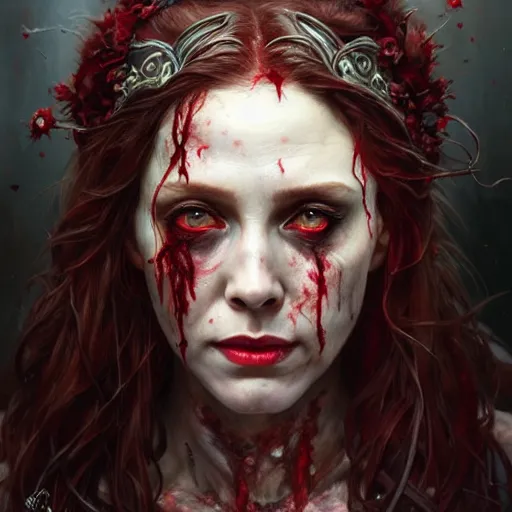 Prompt: portrait painting of zombified scarlet witch decaying, ultra realistic, concept art, intricate details, eerie, highly detailed, photorealistic, octane render, 8 k, unreal engine. art by artgerm and greg rutkowski and charlie bowater and magali villeneuve and alphonse mucha
