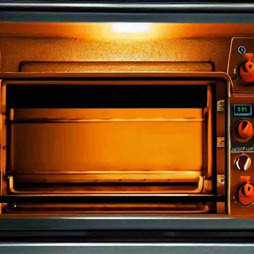 Image similar to toaster oven hanging by metallic cables, symmetry, dark messy smoke - filled cluttered workshop, dark, dramatic lighting, orange tint, sparks, cinematic, highly detailed, sci - fi, futuristic, movie still