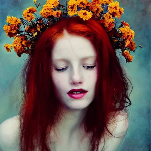 Image similar to !dream Fine art photo of the most beautiful woman, she is redhead, she is posing while maintain a sweet eye contact to the camera, she has a crown of flowers, she has perfect white teeths, the photo was taking by Annie Leibovitz, matte painting, oil painting, naturalism