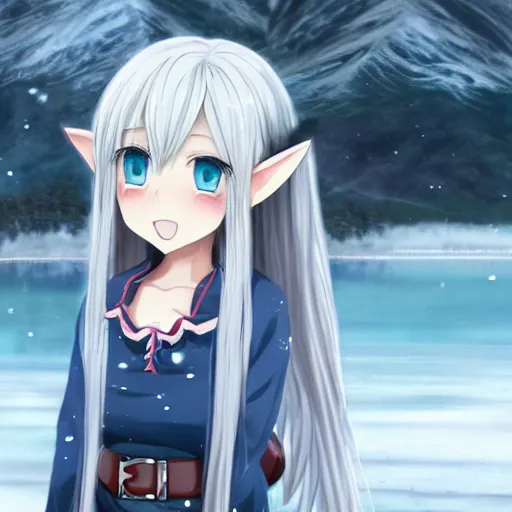 Image similar to a very beautiful anime elf girl, full body, long silver hair with a flower, sky blue eyes, full round face, short smile, casual clothes, ice snowy lake setting, cinematic lightning, medium shot, mid-shot, highly detailed, trending on Artstation, Unreal Engine 4k, cinematic wallpaper by Stanley Artgerm Lau, WLOP, Rossdraws, James Jean, Andrei Riabovitchev, Marc Simonetti, and Sakimichan