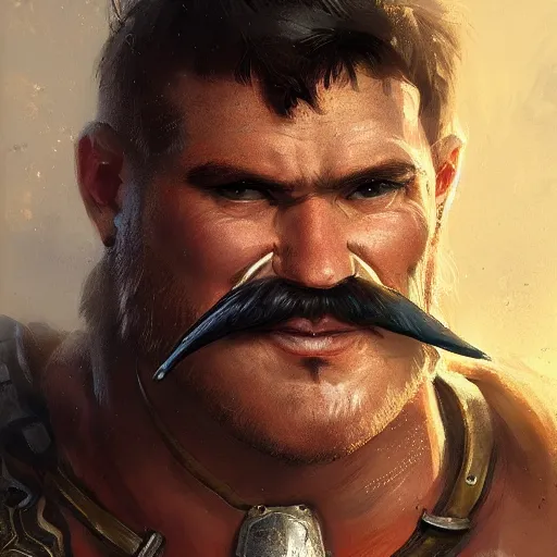 Image similar to portrait old barbarian warrior with trucker mustache and short hair, 8 k, trending on art station, by tooth wu and greg rutkowski