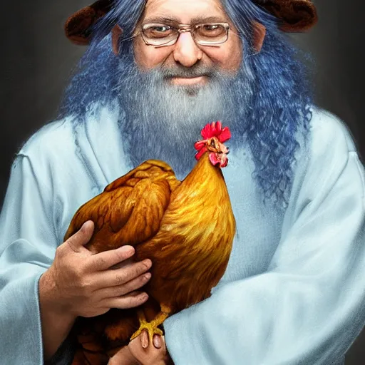 Prompt: a portrait of a wizard holding his pet chicken in his hands by Tony Sart, confused facial expression, blue robe, long white beard, frizzy hair, ArtStation, realistic, detailed