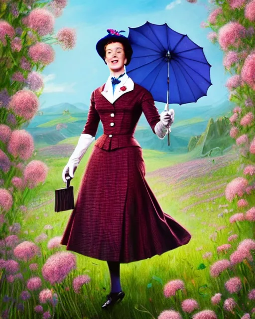 Prompt: Julie Andrews Mary Poppins from Disney 1964 dancing in a field full of flowers, wide-angle shot, D&D, fantasy, intricate, elegant, highly detailed, digital painting, artstation, concept art, matte, sharp focus, illustration, hearthstone, art by Artgerm and Greg Rutkowski and Alphonse Mucha