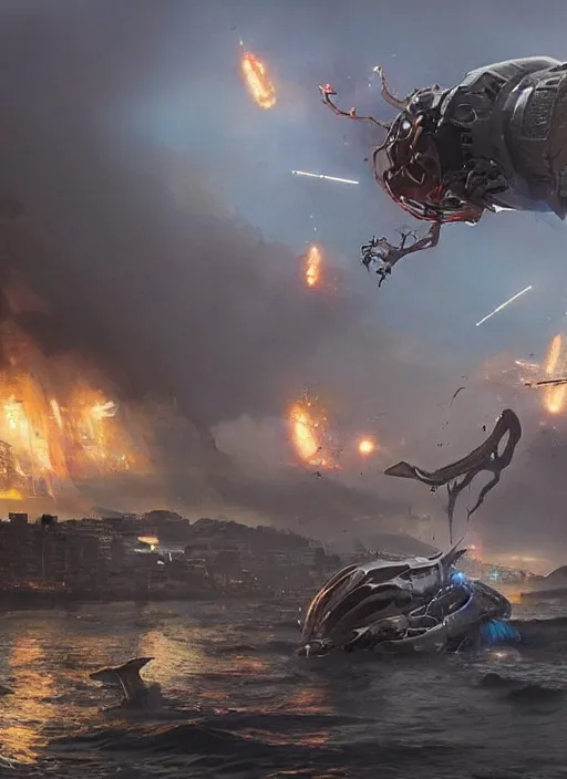 Image similar to hyper realistic squid robot attacking cape town city, table mountain explosions, atmospheric beautiful details, strong composition painted by kim jung giu weta studio rutkowski, james gurney and greg rutkowski, and lucasfilm