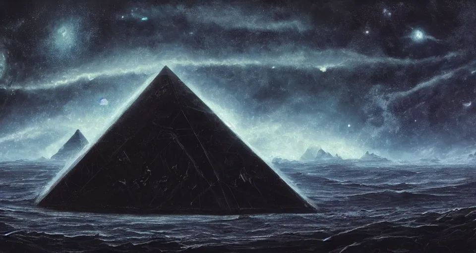 Image similar to black lovecraftian eldritch!! large obsidian pyramid!! surrounded by black motionless sea, endless cosmic sinister space!, bright stars, infinite nebula, sky background by eugene von guerard, ivan shishkin, night, concept art, trending on artstation, 8 k