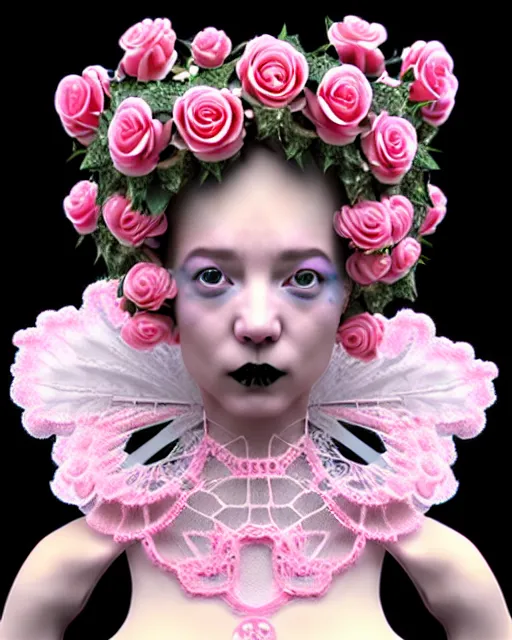 Prompt: dreamy surreal poetic pinky 3D render of a beautiful young porcelain female-creature-cyborg-vegetal with a very long neck and a super big gothic web lace collar filled with small dead flies and a very high big floral crown with many black dry roses:: smoke, high fashion, haute couture, rococo, avant-garde, elegant, dreamy, hyper realistic, 150 mm lens, soft rim light, octane render, unreal engine, volumetric lighting, dramatic light,8k,