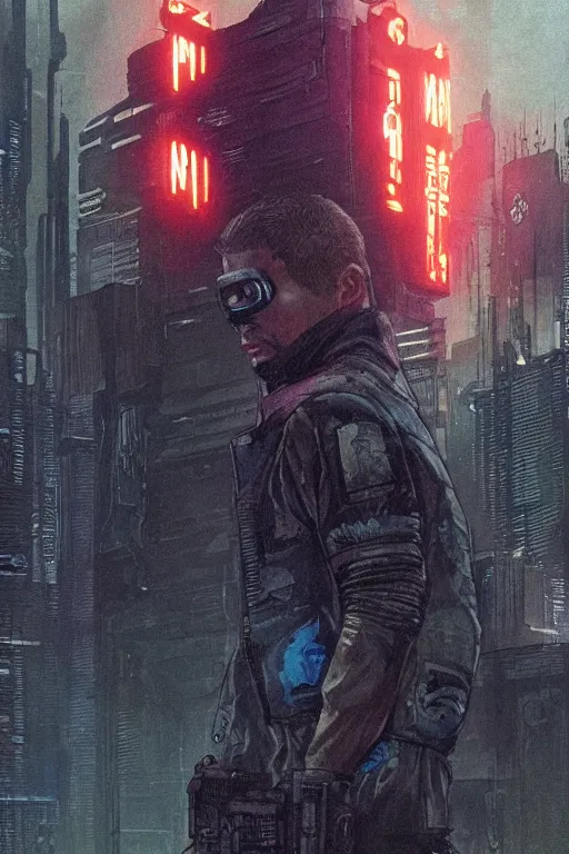 Image similar to Deadly blackops mercenary. cyberpunk. Blade Runner 2049. concept art by James Gurney and Mœbius.