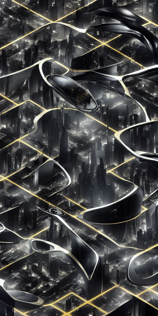 Prompt: A seamless pattern of photorealistic futuristic sci-fi black grey silver and gold concept robots designed by by zaha hadid and karim rashid, close-ups, detail shots, mirror and glass surfaces, Aerial view from above, drone camera angle, 3D, futuristic buildings and mecha robots, tiny people walking below, Blade Runner 2049 film,realistic robotic machinery, Boston Dynamics Robots, Backlit, glowing lights, shiny glossy mirror reflections, Gold and white, large patterns, Futuristic shapes, Symmetric, mecha robot details, Macro details, plastic ceramic material, Transparent Glass surfaces, metallic polished surfaces, seamless pattern, Dynamic lighting, gold black and aqua colors, Octane render in Maya and houdini, vray, ultra high detail ultra realism, unreal engine, 4k in plastic dark tilt shift