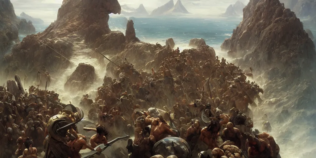 Image similar to barbarians, norse gods, fighting epic battle on rocks floating in the sky, celestial fortress in the clouds, thunder, good composition, artstation, 4 k illustration sharp focus cloceup sunlit painted by ruan jia raymond swanland lawrence alma tadema zdzislaw beksinski norman rockwell tom lovell alex malveda greg staples