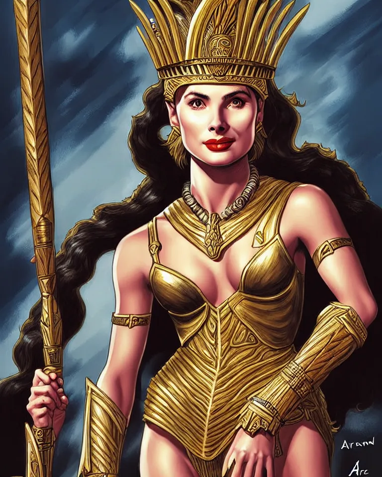 Prompt: a young grace kelly as an amazon warrior, tall and beautiful with brown skin and long hair, dressed in hellenistic body armor, intricate, elegant, highly detailed, smooth, sharp focus, detailed face, art by ardian syaf