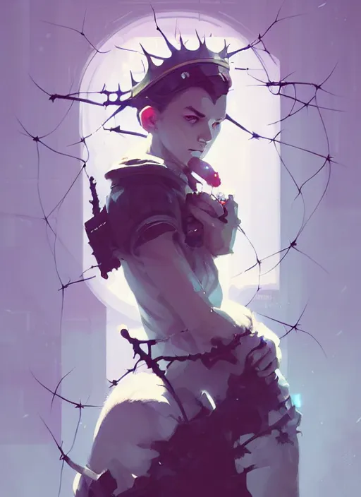 Image similar to portrait of cute gith maiden girl with crown of thorns and white hairs, warhammer, cyberpunk, by atey ghailan, by greg rutkowski, by greg tocchini, by james gilleard, by joe gb fenton, by kaethe butcher, dynamic lighting, gradient light blue, brown, blonde cream and white color in scheme, grunge aesthetic