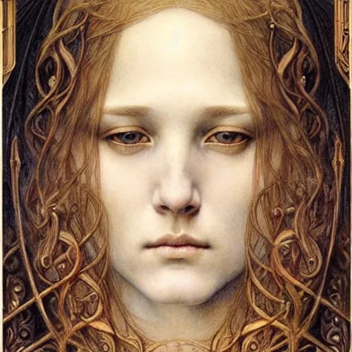 Image similar to detailed realistic beautiful young medieval queen face portrait by jean delville and marco mazzoni, art nouveau, symbolist, visionary, gothic, pre - raphaelite