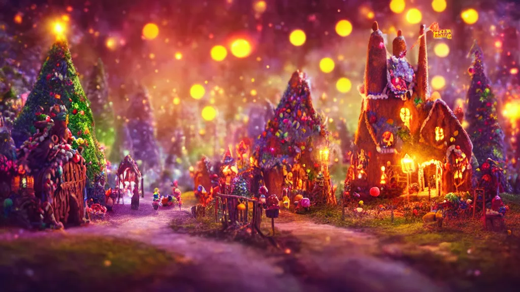 Prompt: gingerbread candy village, cinematic scene, studio lighting, colorful, fantasy, fairytale, intricate, forest, fireflies, flowers, halloween, christmas, hansel and gretel, background blur, bokeh, medium shot, visually stunning, matte painting, concept art, trending on artstation