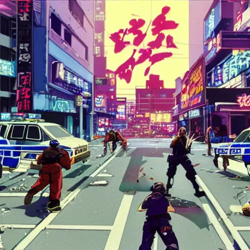 Prompt: 1991 Video Game Screenshot, Anime Neo-tokyo Cyborg bank robbers vs police shootout, bags of money, Police officer hit, Bullet Holes and Blood Splatter, Hostages, Cyberpunk, Anime VFX, Violent, Action, MP5S, FLCL, Highly Detailed, 8k :4 by Katsuhiro Otomo + Studio Gainax + Arc System Works : 8