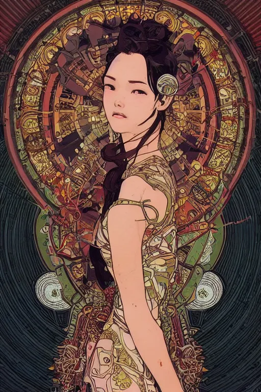 Image similar to beautiful cyborg portrait girl female illustration detailed patterns art of thai traditional dress, pop art, splash painting, art by geof darrow, ashley wood, alphonse mucha, makoto shinkai