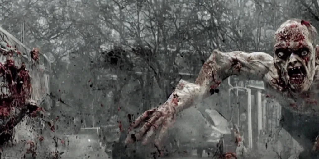 Prompt: a brutal giant zombie try to destroy a bus, still shot from movie
