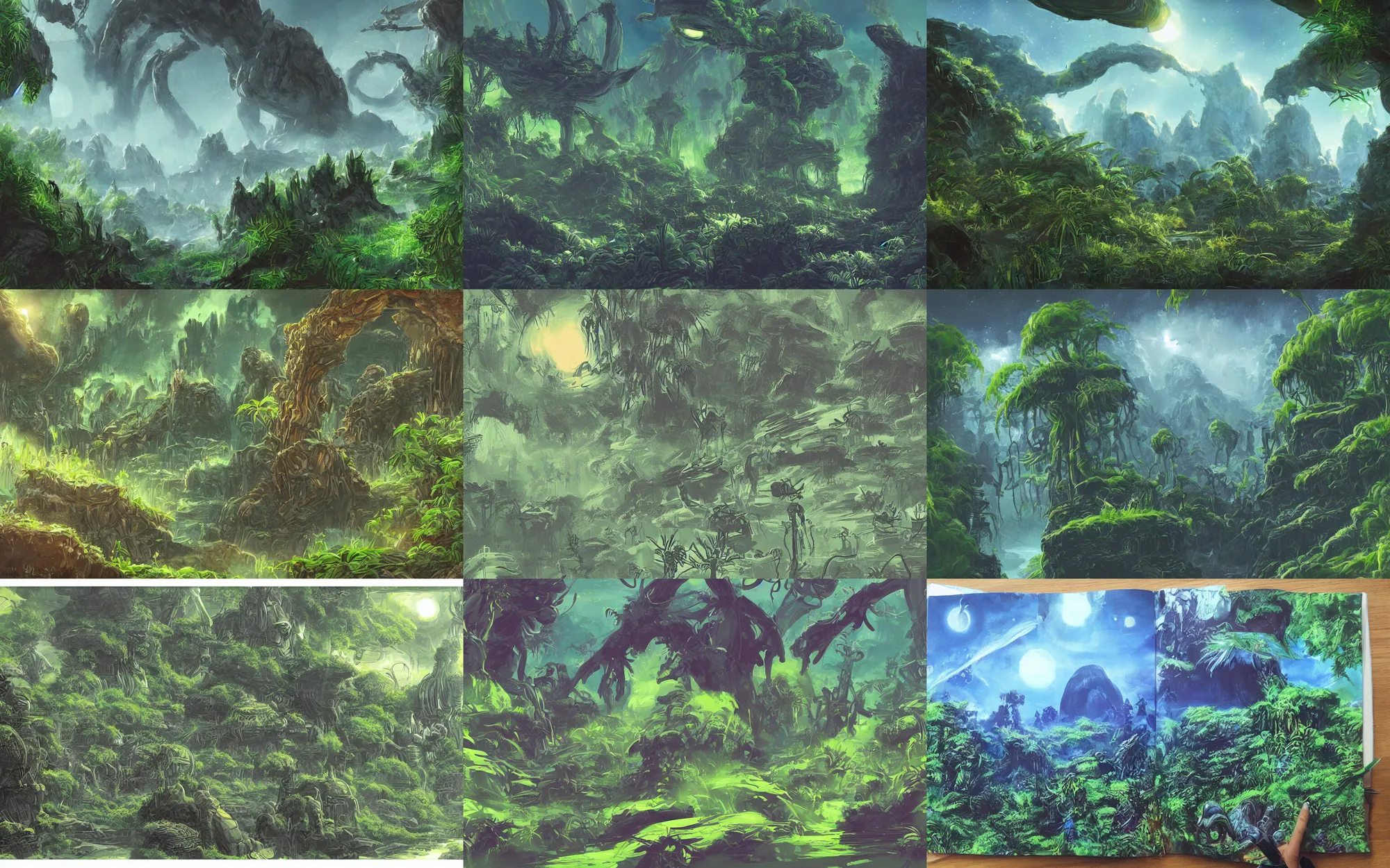 Prompt: alien planet landscape wipd jungle