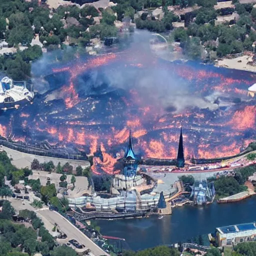 Prompt: aerial image of disney land ln fire alien invasion