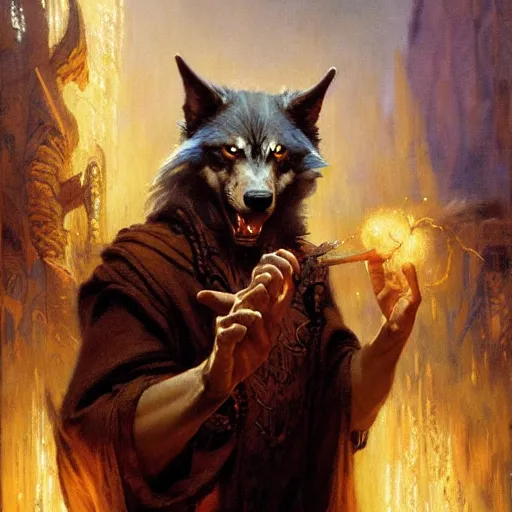 Prompt: stunning male wizard wolf casting his dark spell, highly detailed painting by gaston bussiere, craig mullins, j. c. leyendecker, 8 k