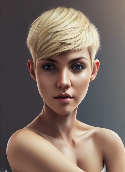 Image similar to photo of a gorgeous young woman with blonde hair, pixie cut, in the style of stefan kostic, realistic, sharp focus, 8k high definition, insanely detailed, intricate, elegant, art by stanley lau and artgerm